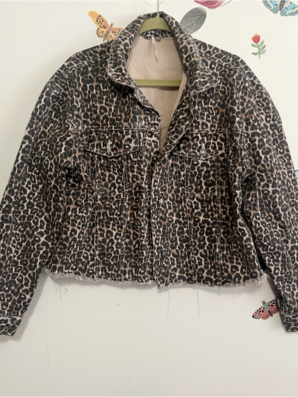 Free People Leopard Print Cropped Jean Jacket L